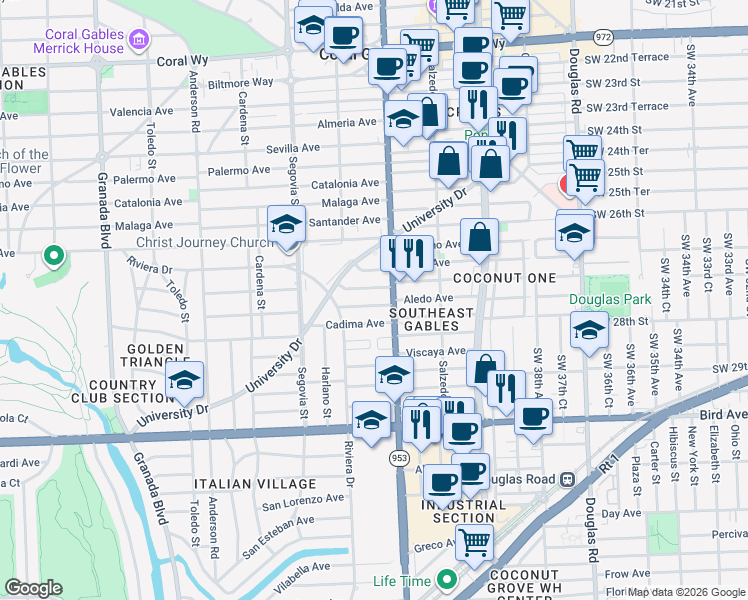 map of restaurants, bars, coffee shops, grocery stores, and more near 417 Aledo Avenue in Coral Gables