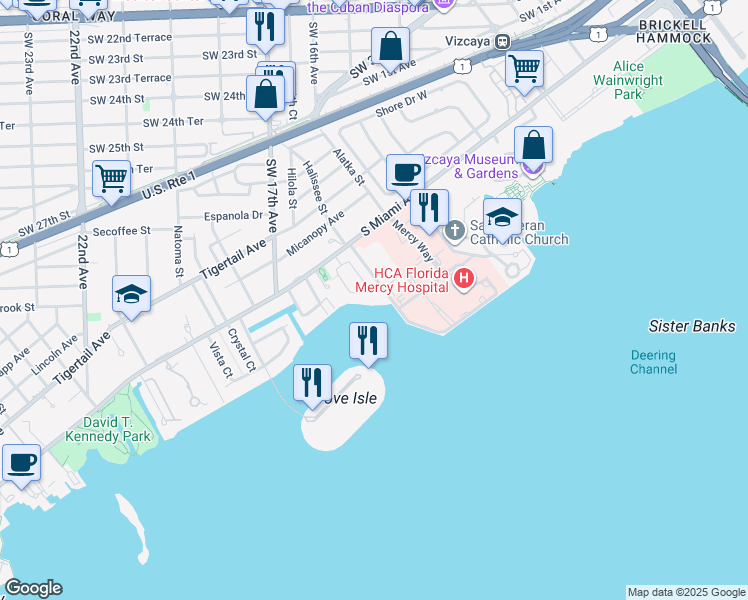 map of restaurants, bars, coffee shops, grocery stores, and more near in Miami