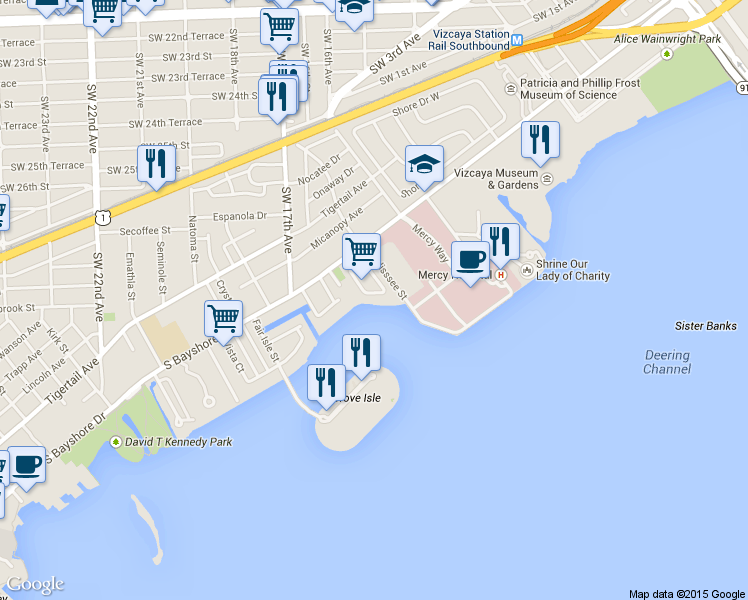 map of restaurants, bars, coffee shops, grocery stores, and more near 1660 East Glencoe Street in Miami
