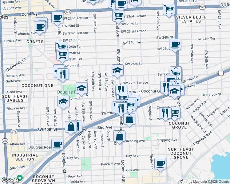 map of restaurants, bars, coffee shops, grocery stores, and more near 2765 Southwest 32nd Court in Miami