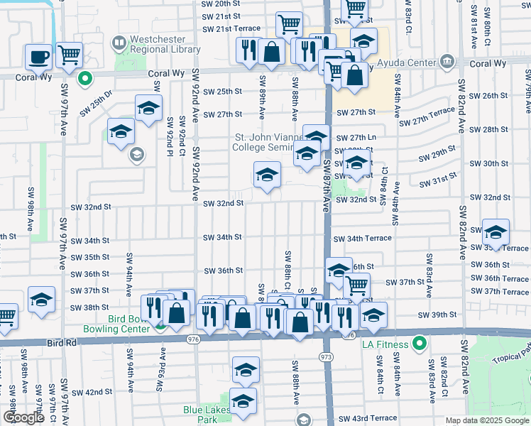 map of restaurants, bars, coffee shops, grocery stores, and more near 8910 Southwest 32nd Street in Miami