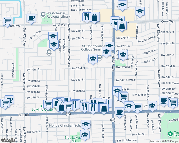 map of restaurants, bars, coffee shops, grocery stores, and more near 8910 Southwest 32nd Street in Miami