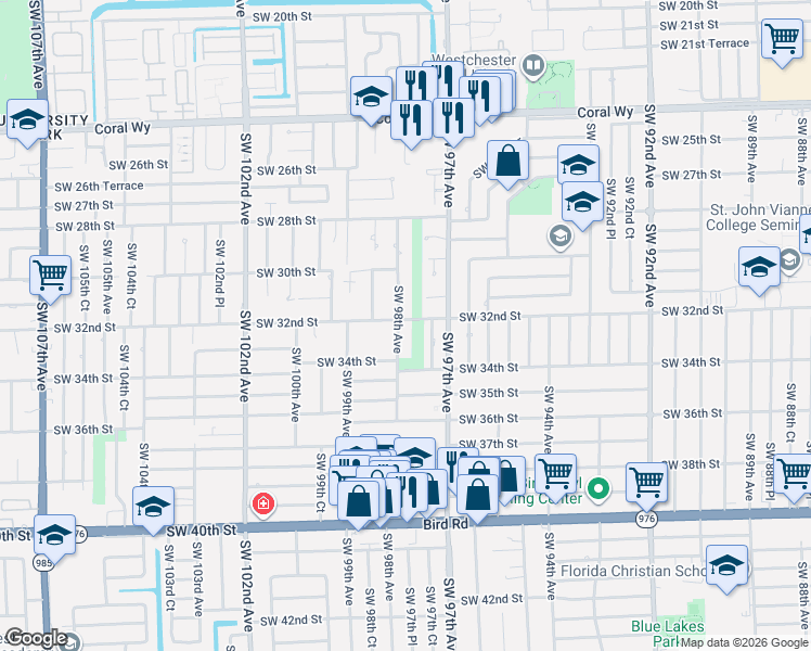 map of restaurants, bars, coffee shops, grocery stores, and more near 3131 Southwest 98th Avenue in Miami