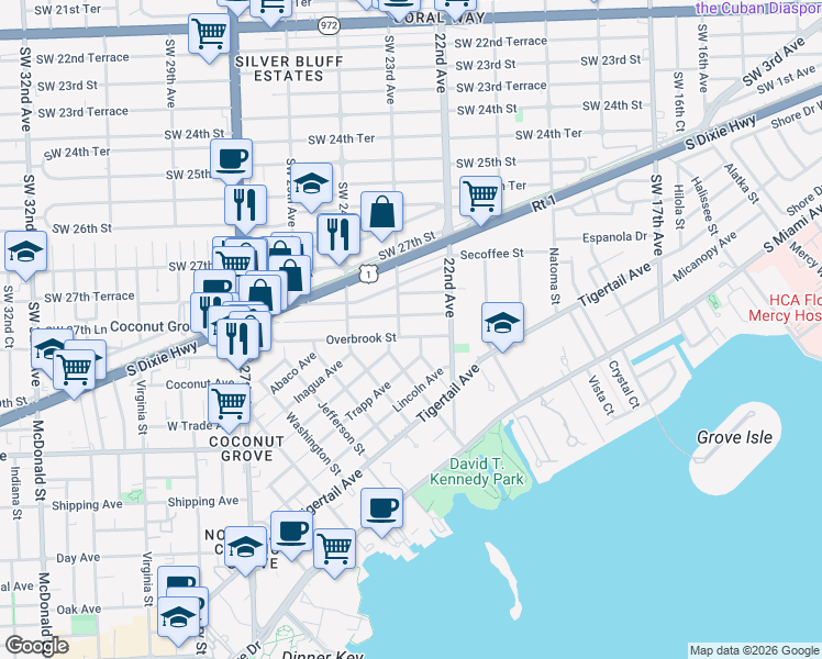map of restaurants, bars, coffee shops, grocery stores, and more near 2300 Tequesta Lane in Miami