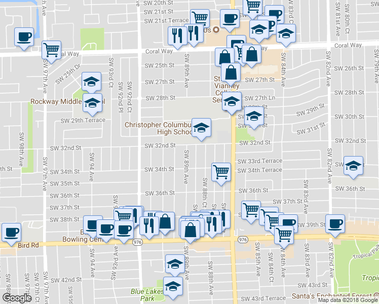 map of restaurants, bars, coffee shops, grocery stores, and more near 8910 Southwest 32nd Street in Miami