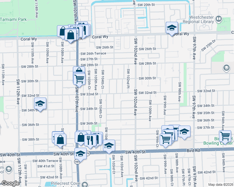 map of restaurants, bars, coffee shops, grocery stores, and more near 3130 Southwest 103rd Court in Miami