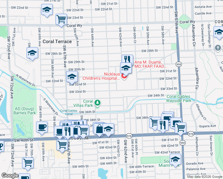 map of restaurants, bars, coffee shops, grocery stores, and more near 3227 Southwest 63rd Avenue in Miami