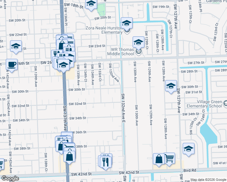 map of restaurants, bars, coffee shops, grocery stores, and more near 3001 Southwest 132nd Court in Miami
