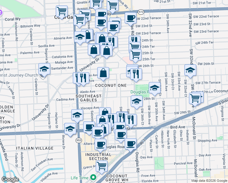 map of restaurants, bars, coffee shops, grocery stores, and more near in Coral Gables