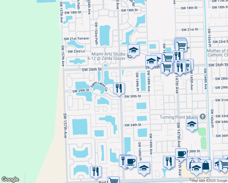 map of restaurants, bars, coffee shops, grocery stores, and more near 15243 Southwest 28th Terrace in Miami