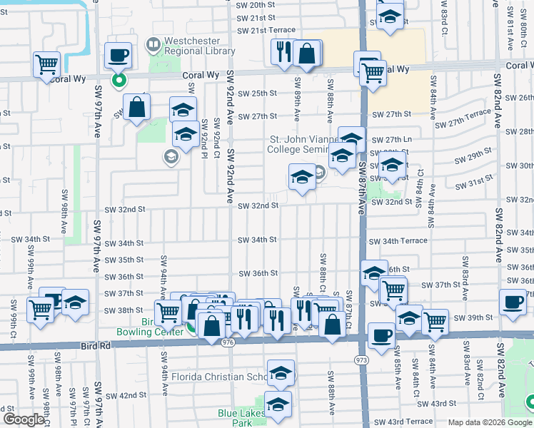map of restaurants, bars, coffee shops, grocery stores, and more near 3201 Southwest 90th Avenue in Miami