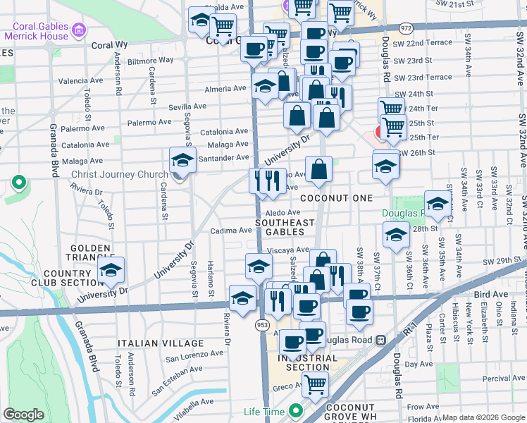 map of restaurants, bars, coffee shops, grocery stores, and more near 357 Aledo Avenue in Coral Gables