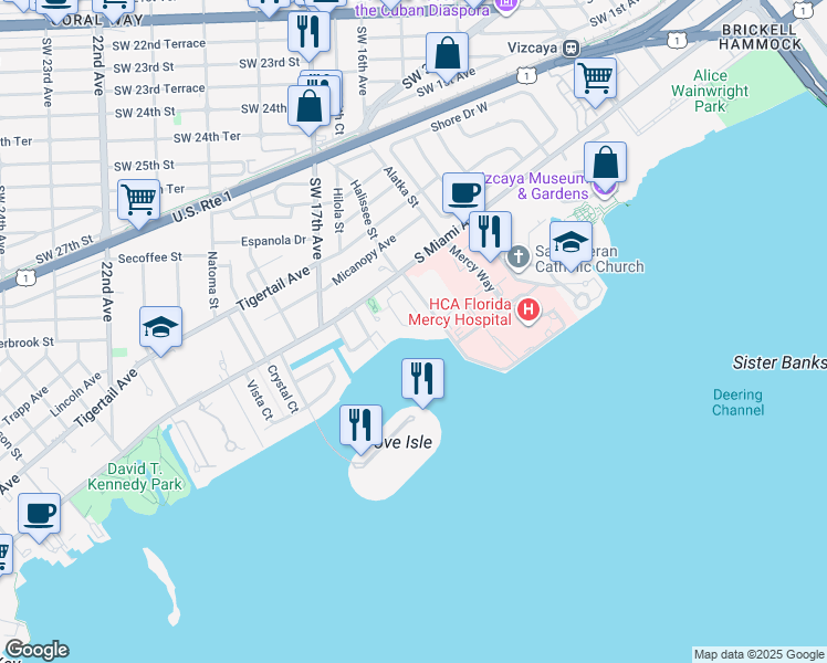 map of restaurants, bars, coffee shops, grocery stores, and more near 1660 East Glencoe Street in Miami