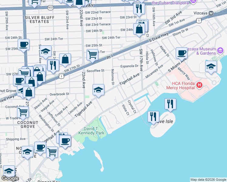 map of restaurants, bars, coffee shops, grocery stores, and more near 1905 Tigertail Avenue in Miami