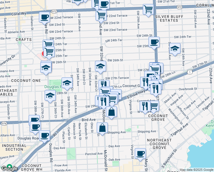 map of restaurants, bars, coffee shops, grocery stores, and more near 2784 Southwest 31st Place in Miami
