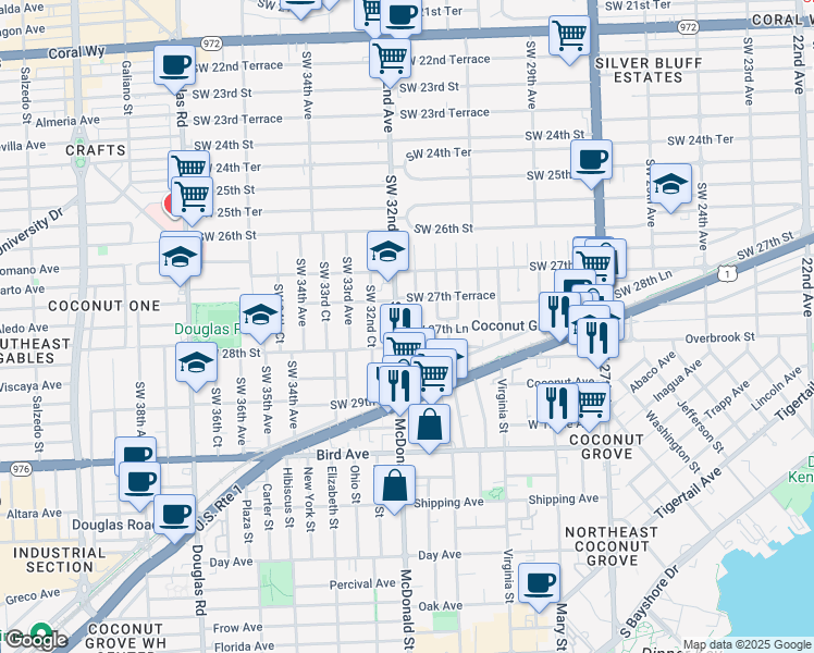 map of restaurants, bars, coffee shops, grocery stores, and more near 2784 Southwest 31st Place in Miami