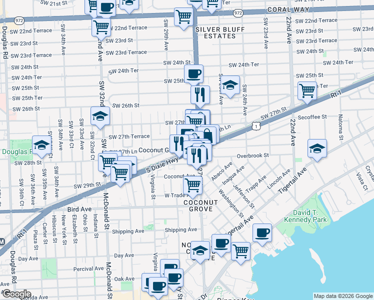map of restaurants, bars, coffee shops, grocery stores, and more near 2880 Southwest 28th Lane in Miami