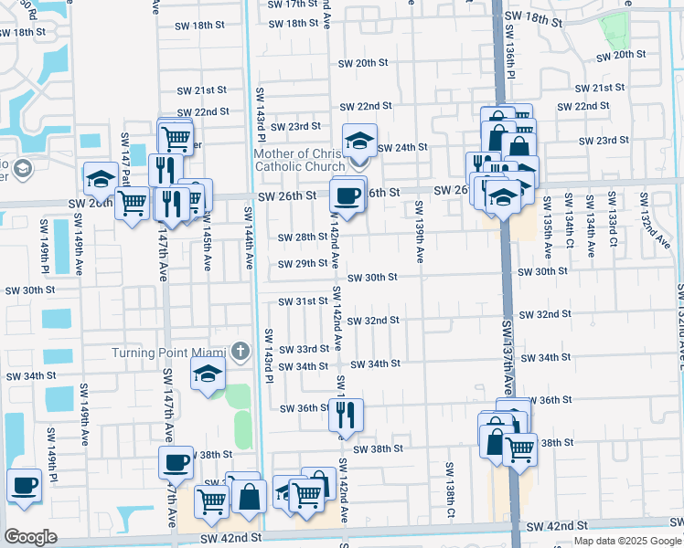 map of restaurants, bars, coffee shops, grocery stores, and more near 2960 Southwest 142nd Court in Miami