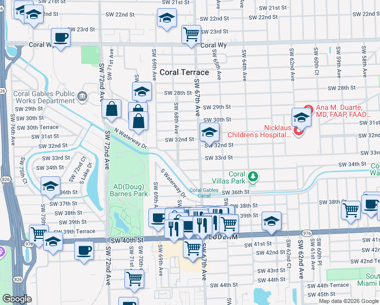 map of restaurants, bars, coffee shops, grocery stores, and more near 6730 SW 32nd Terrace in Miami