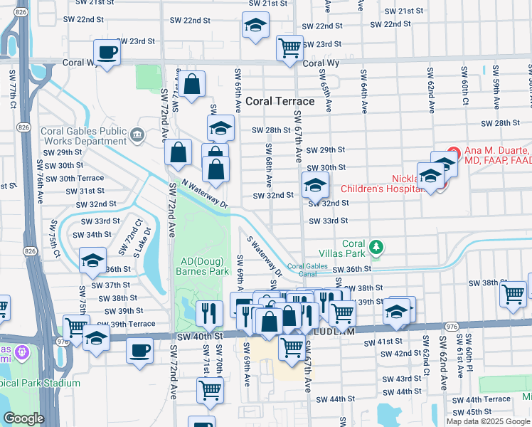 map of restaurants, bars, coffee shops, grocery stores, and more near 6800 SW 32nd Terrace in Miami