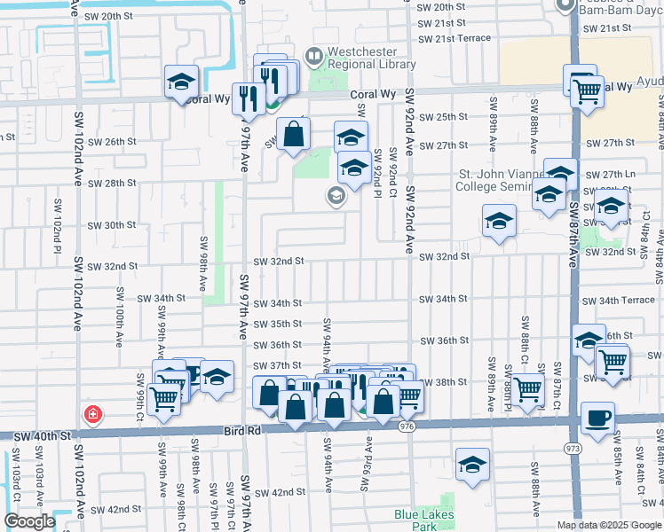 map of restaurants, bars, coffee shops, grocery stores, and more near 3201 Southwest 94 Avenue in Miami