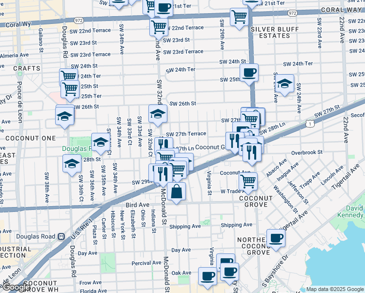 map of restaurants, bars, coffee shops, grocery stores, and more near 3101 Southwest 27th Lane in Miami