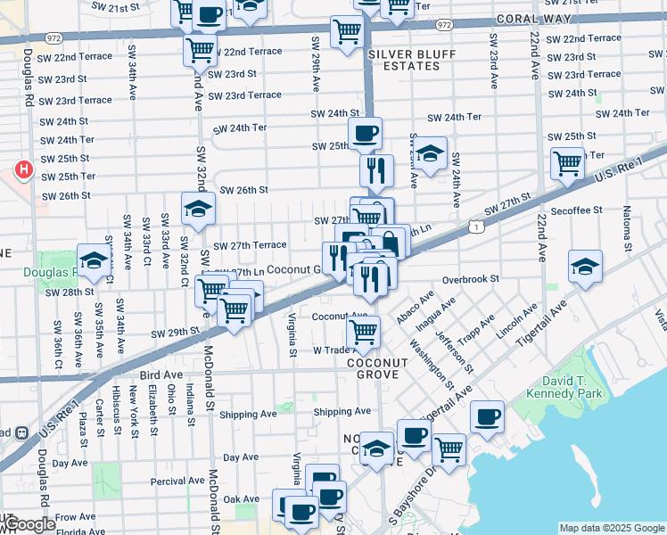 map of restaurants, bars, coffee shops, grocery stores, and more near 2750 Southwest 27th Terrace in Miami