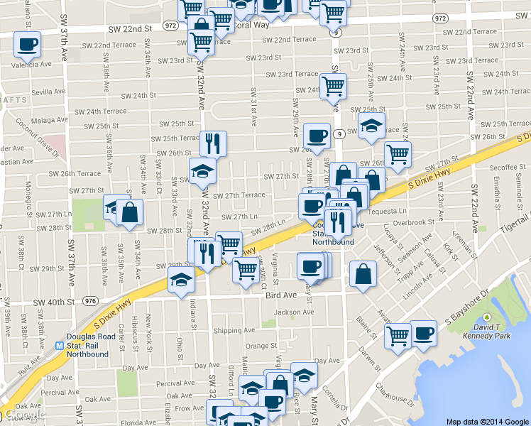 map of restaurants, bars, coffee shops, grocery stores, and more near 3041 Southwest 27th Lane in Miami