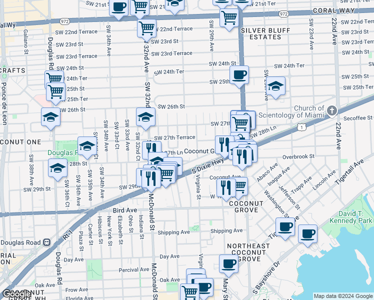 map of restaurants, bars, coffee shops, grocery stores, and more near 3041 Southwest 27th Lane in Miami