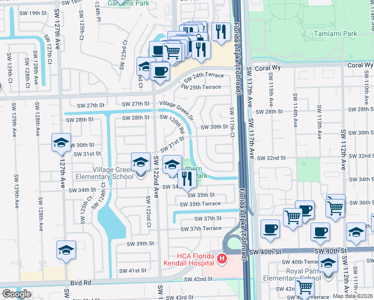 map of restaurants, bars, coffee shops, grocery stores, and more near 3131 Southwest 120th Road in Miami