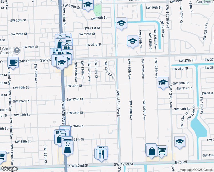map of restaurants, bars, coffee shops, grocery stores, and more near 3001 Southwest 132nd Court in Miami