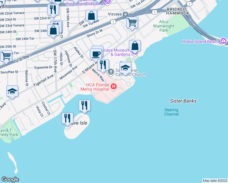 map of restaurants, bars, coffee shops, grocery stores, and more near 3663 South Miami Avenue in Miami