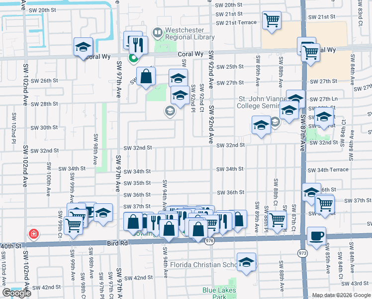 map of restaurants, bars, coffee shops, grocery stores, and more near 3205 Southwest 93rd Court in Miami