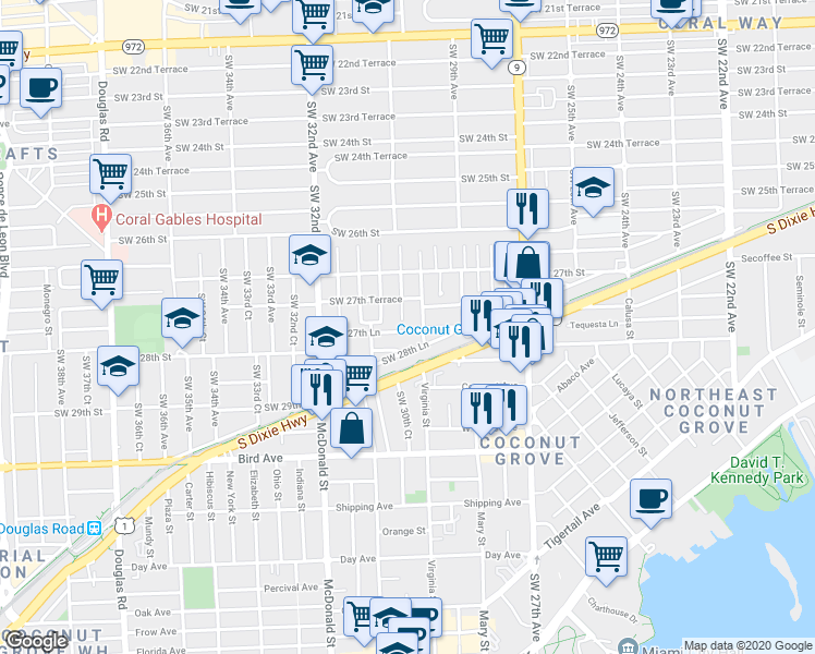 map of restaurants, bars, coffee shops, grocery stores, and more near 3041 Southwest 27th Lane in Miami