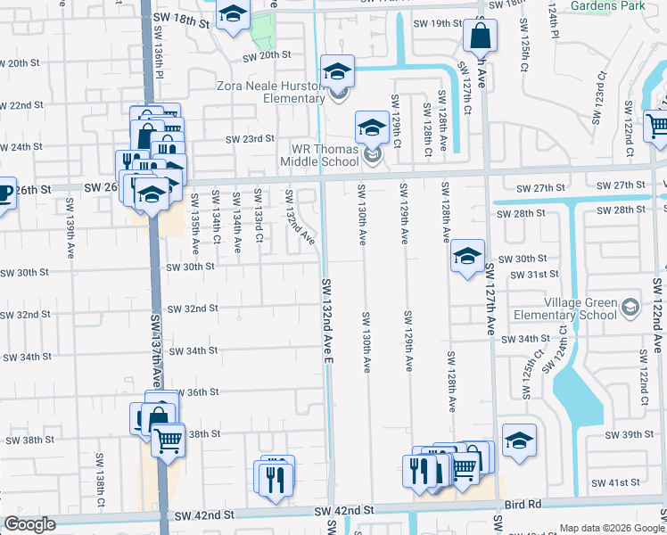 map of restaurants, bars, coffee shops, grocery stores, and more near 3001 Southwest 132nd Avenue in Miami