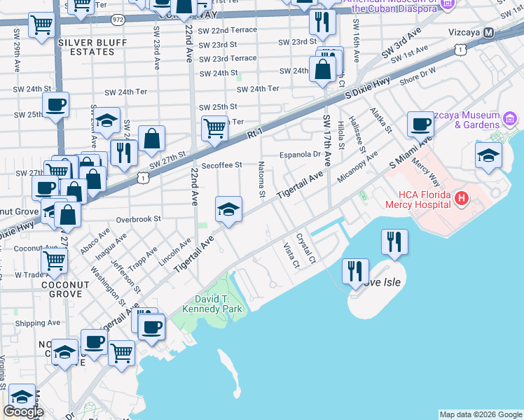 map of restaurants, bars, coffee shops, grocery stores, and more near 1905 Tigertail Avenue in Miami