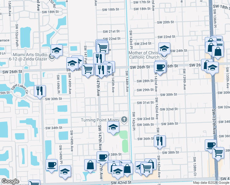 map of restaurants, bars, coffee shops, grocery stores, and more near 2945 SW 145th Ave in Miami
