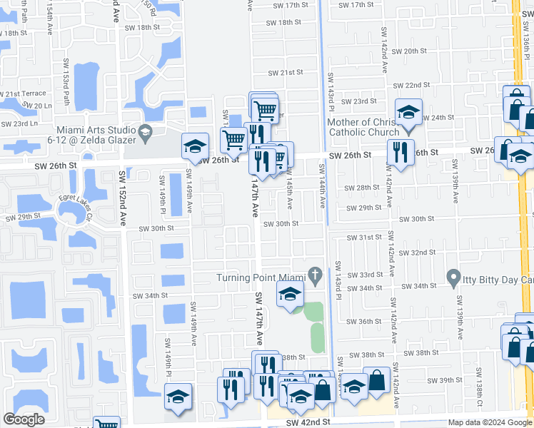 map of restaurants, bars, coffee shops, grocery stores, and more near 14622 Southwest 29th Terrace in Miami