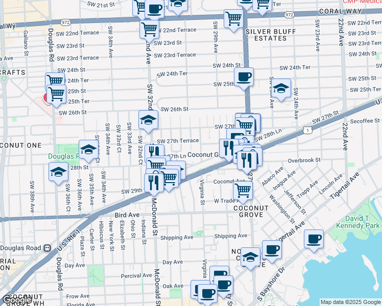 map of restaurants, bars, coffee shops, grocery stores, and more near 3041 Southwest 27th Lane in Miami