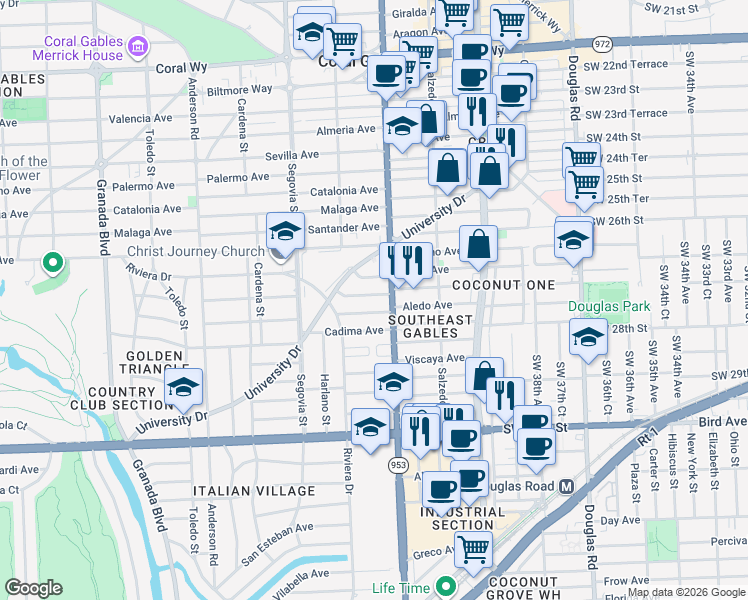 map of restaurants, bars, coffee shops, grocery stores, and more near 414 Camilo Avenue in Coral Gables