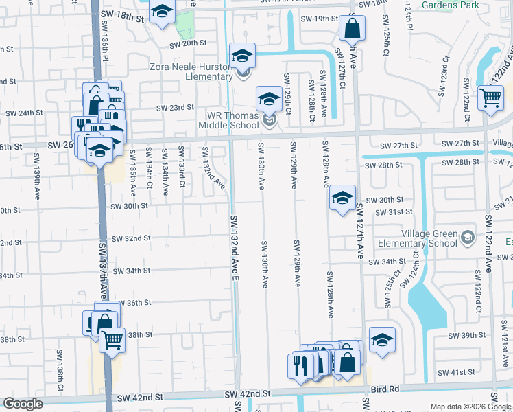 map of restaurants, bars, coffee shops, grocery stores, and more near 3001 Southwest 130th Avenue in Miami