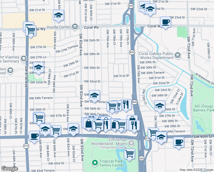 map of restaurants, bars, coffee shops, grocery stores, and more near 3230 Southwest 79th Avenue in Miami