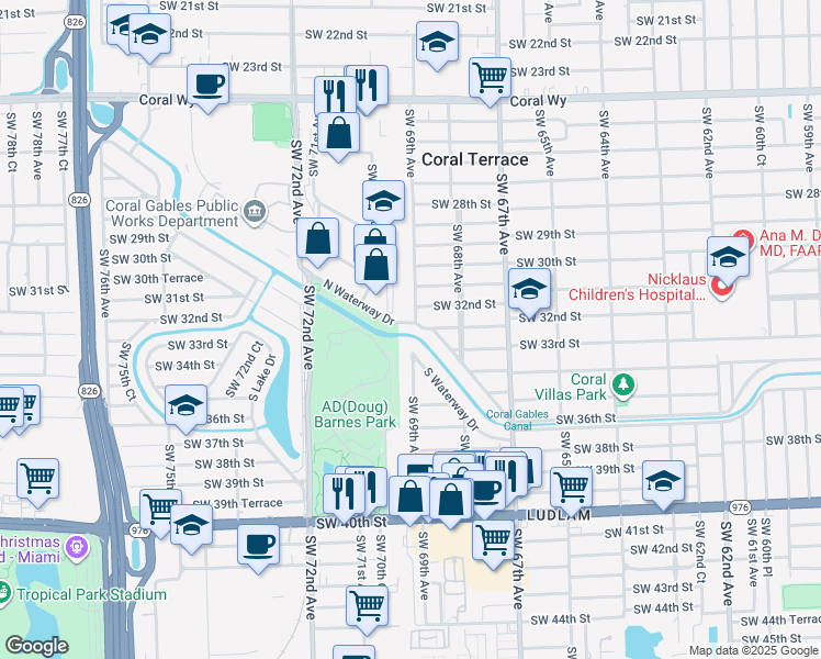 map of restaurants, bars, coffee shops, grocery stores, and more near 6900 North Waterway Drive in Miami