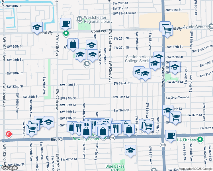 map of restaurants, bars, coffee shops, grocery stores, and more near 3201 SW 92nd Ct in Miami