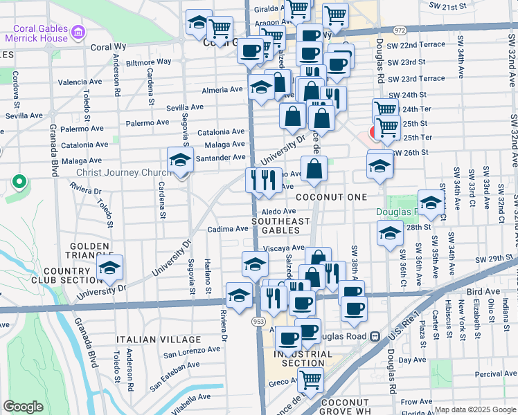 map of restaurants, bars, coffee shops, grocery stores, and more near 3409 South Le Jeune Road in Miami