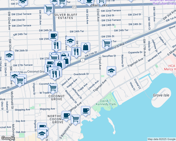map of restaurants, bars, coffee shops, grocery stores, and more near 2300 Tequesta Lane in Miami