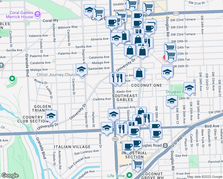 map of restaurants, bars, coffee shops, grocery stores, and more near 3400 Le Jeune Road in Miami