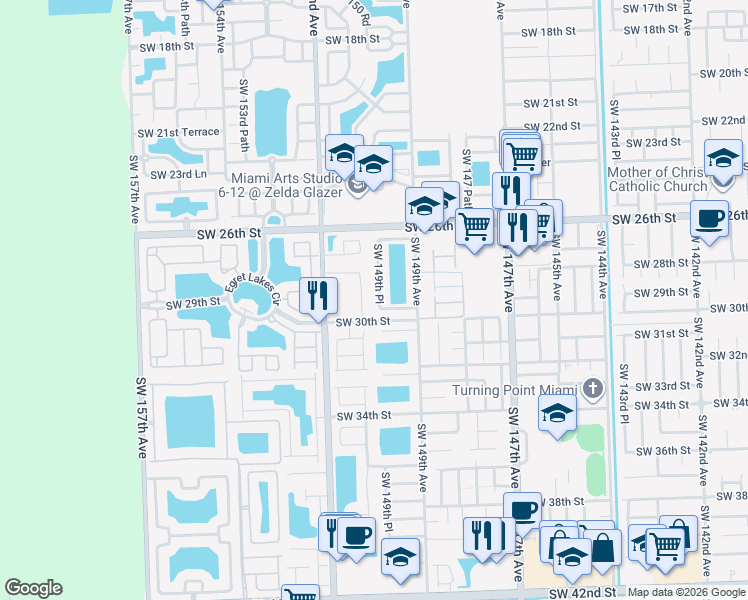 map of restaurants, bars, coffee shops, grocery stores, and more near 2901 Southwest 149th Place in Miami