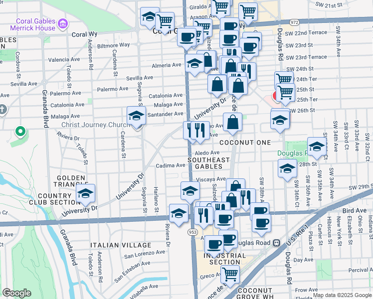 map of restaurants, bars, coffee shops, grocery stores, and more near 3409 South Le Jeune Road in Miami