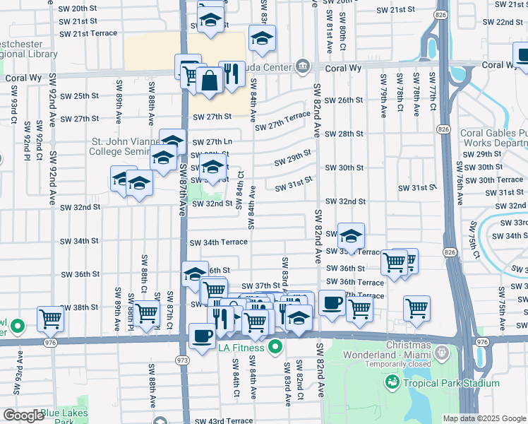 map of restaurants, bars, coffee shops, grocery stores, and more near 8351 Southwest 32nd Terrace in Miami